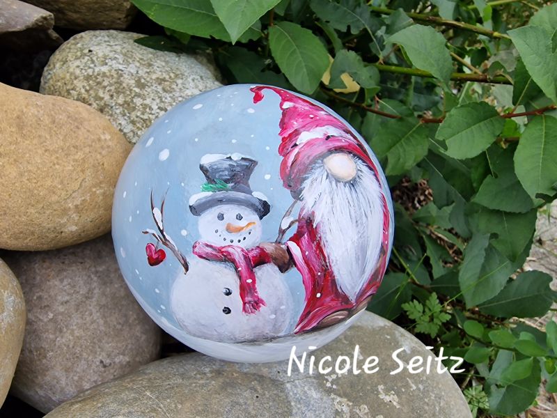 Terrakotta-Kugel * Wichtel * handbemalt * 12 cm * Schneemann Winter Schnee Herz